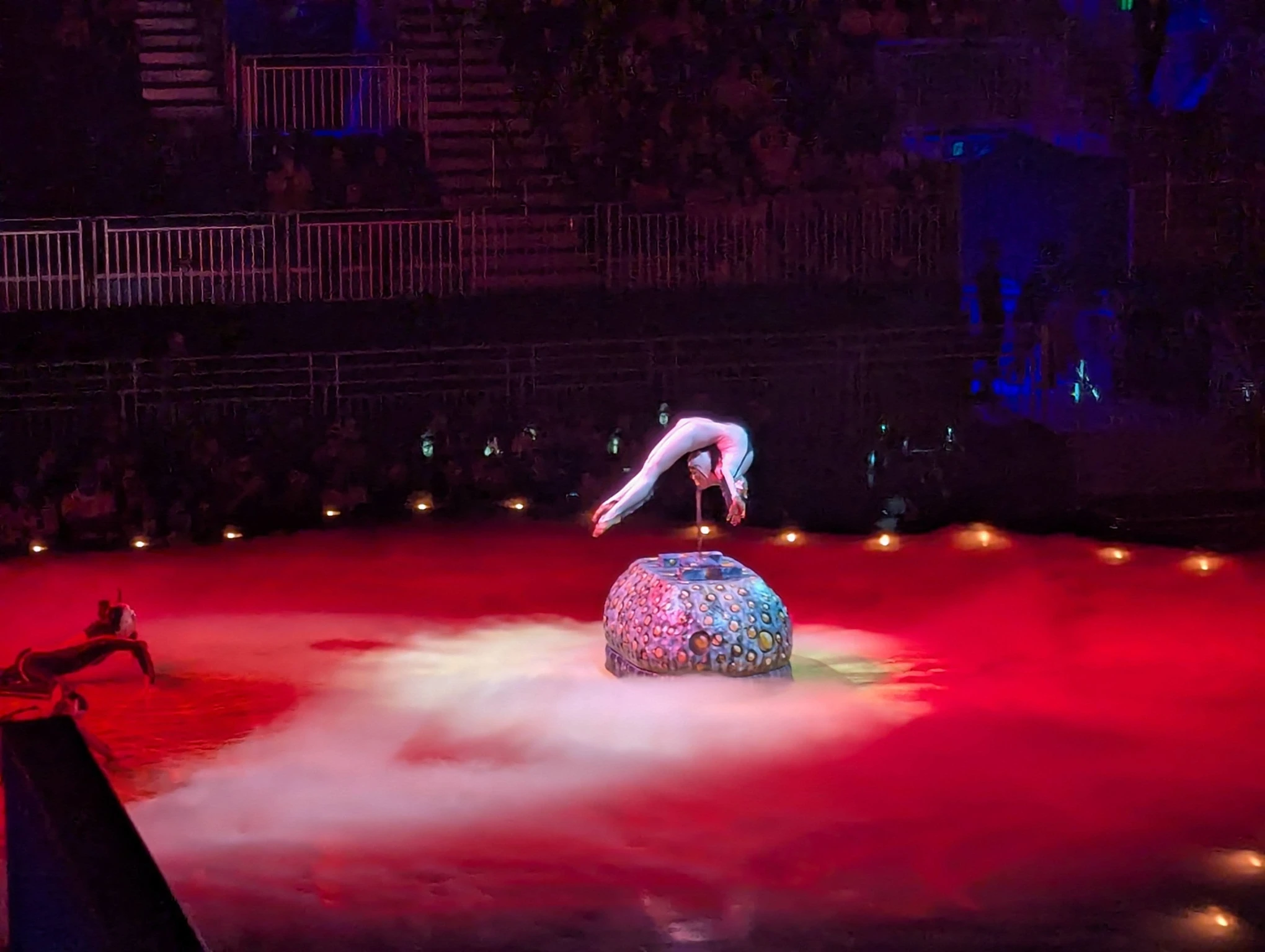 A Cirque de Soleil performer uses their mouth to suspend themselves on a spinning pole, contorting their entire body over their head to the point of being horizontal. I cringed so much.
